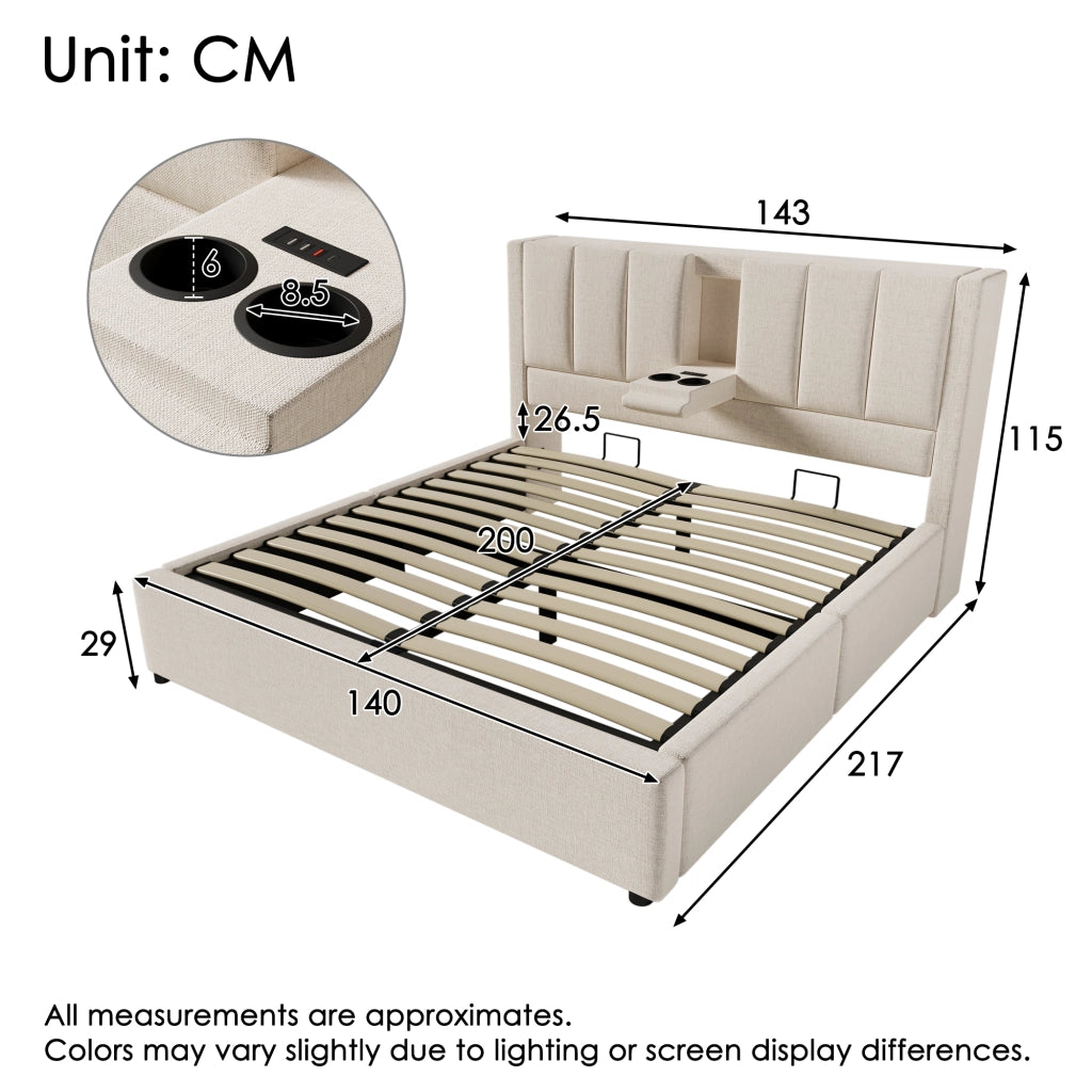 LETTO Contenitore 140x200 cm in lino beige con portabicchieri e USB