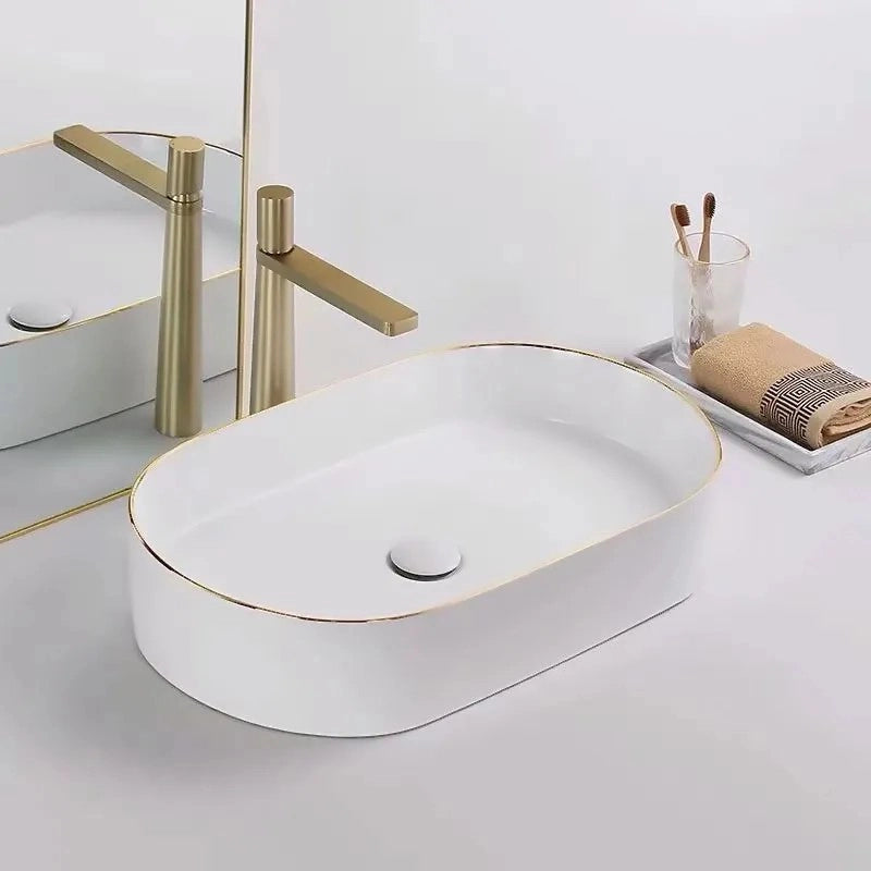 Lavabo Da Appoggio In Ceramica Rea Nadia White Gold Edge