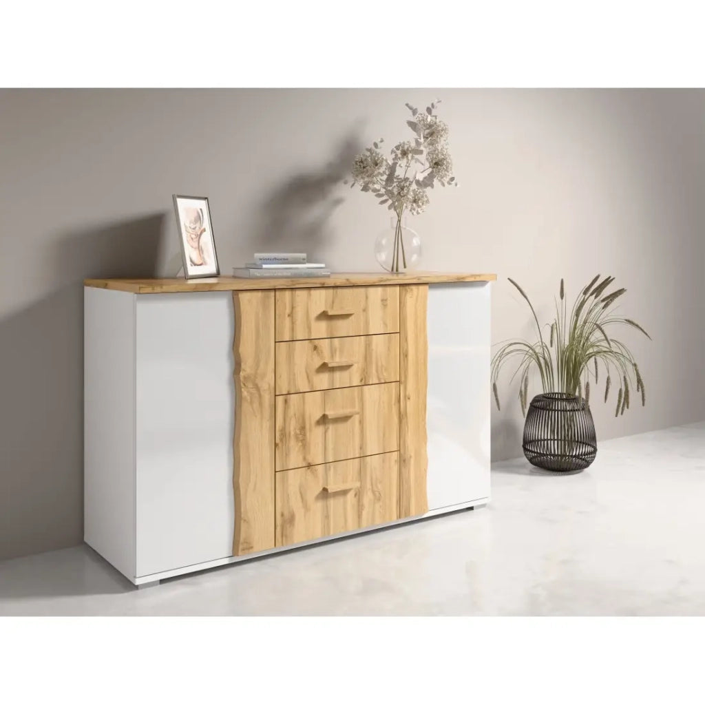 Camera completa WOOD con letto 160 x 200 cm LED, armadio 250 cm, cassettiera e comodini – Rovere e bianco