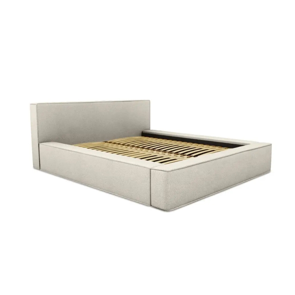 Letto contenitore VELORA – Sabbia ricciolata – 140x200 cm – Tessuto effetto lana – Rete sollevabile – Spazio di stoccaggio integrato