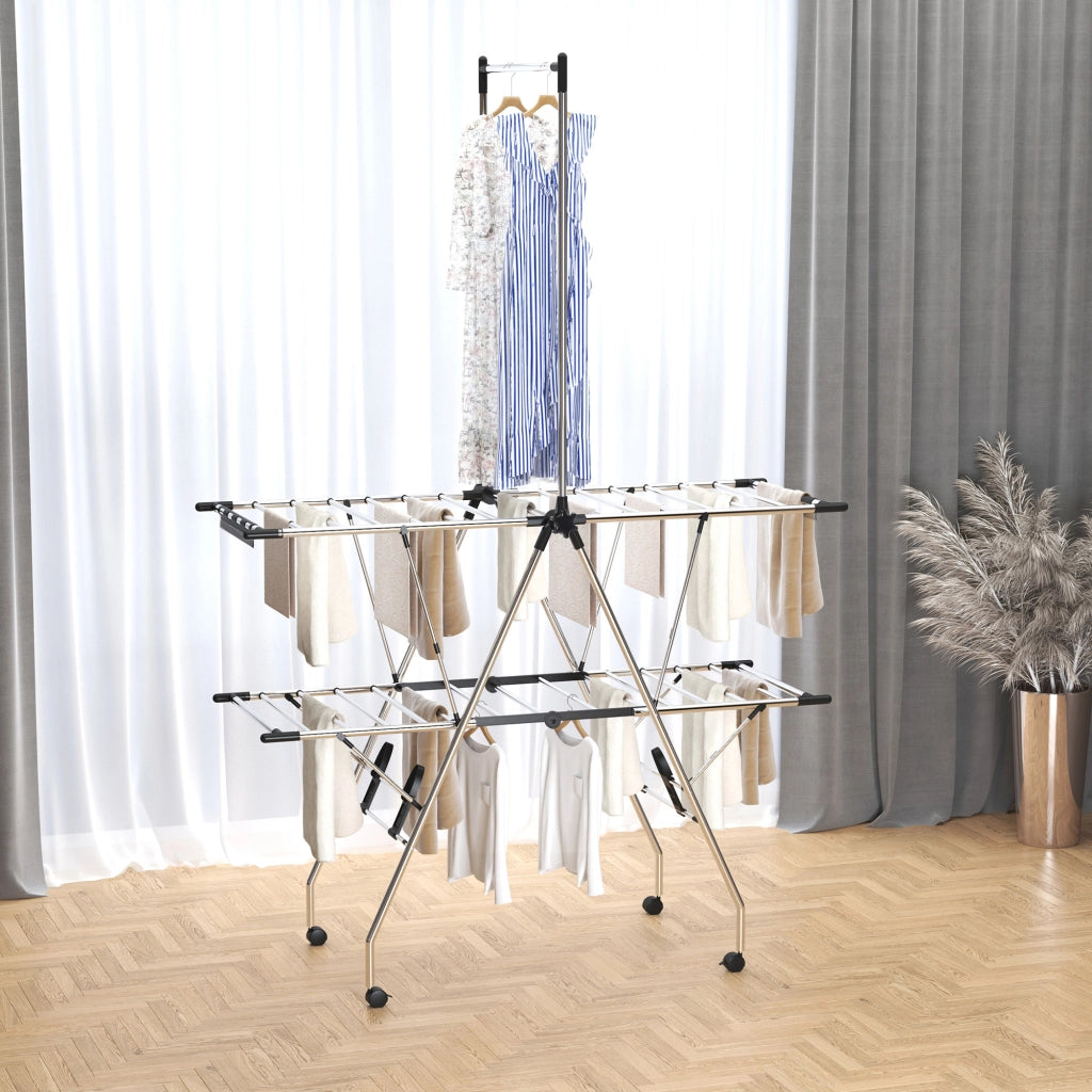 Stendibiancheria pieghevole con rotelle grande spazio asciugatura acciaio inossidabile ¨C Minimal ¨C 138.5x63x208 cm argento nero
