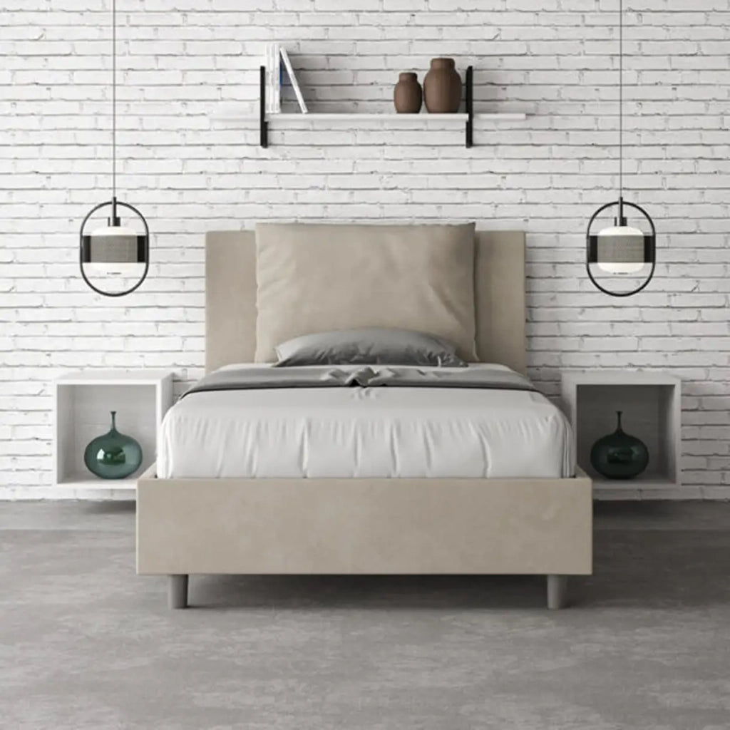 Letto una piazza e mezza con rete imbottito 120x210 microfibra sabbia Antea