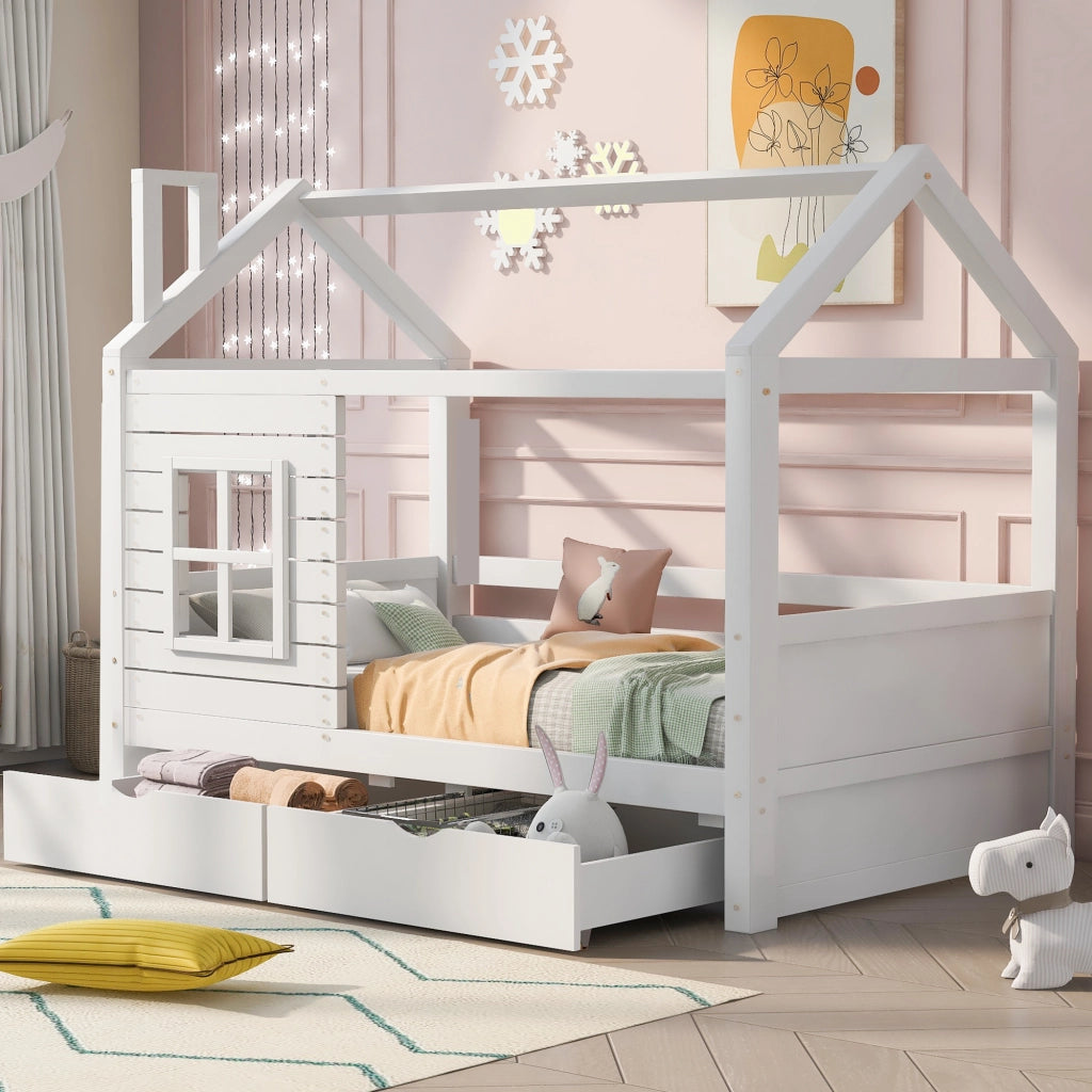 OKWISH Letto a Casetta 90×200 cm, Letto Singolo con Sponda, 2 Cassetti e Finestre, senza Materasso, in Pino Massello, Bianco