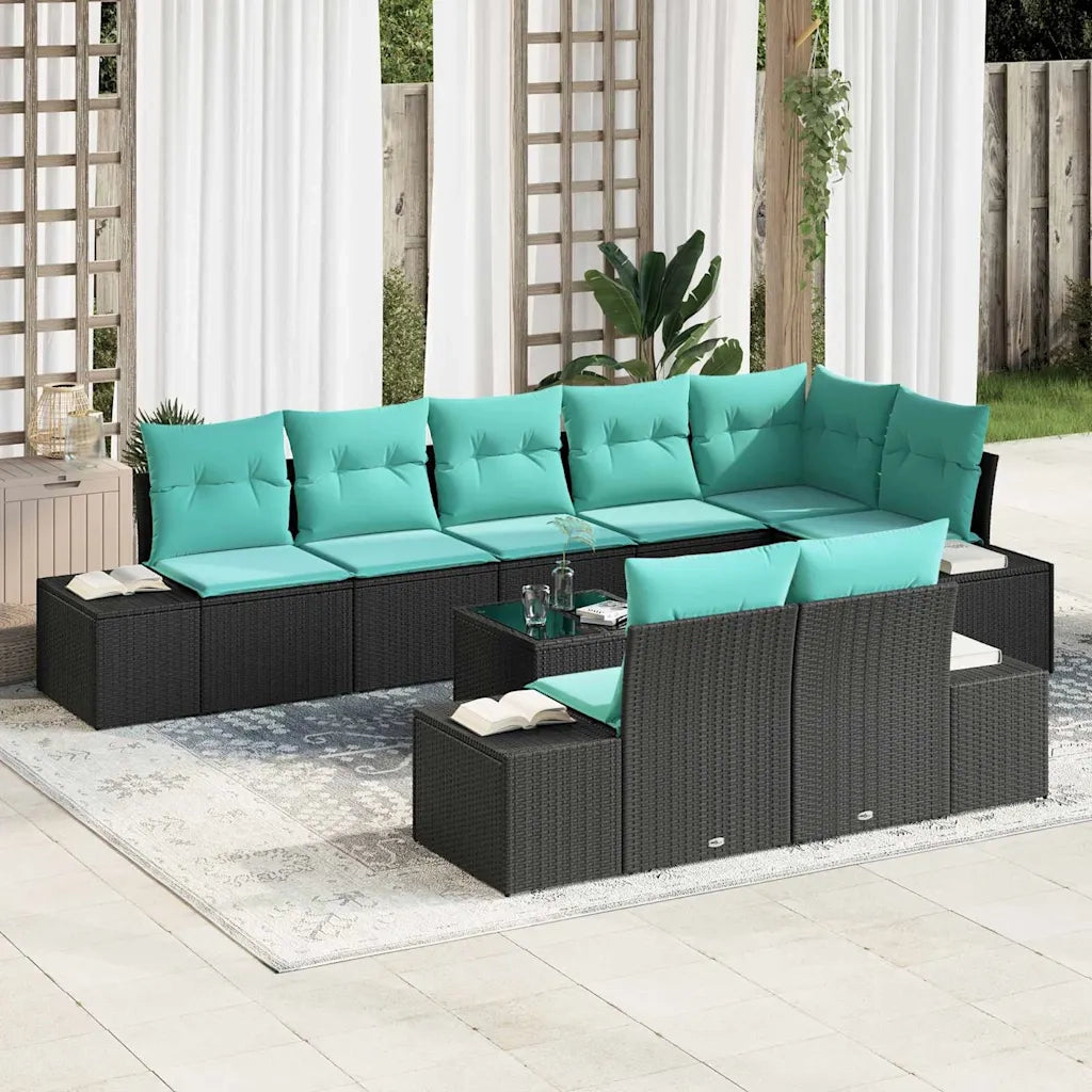 Set Divano da Giardino Nero e Turchese Poly Rattan 3355795