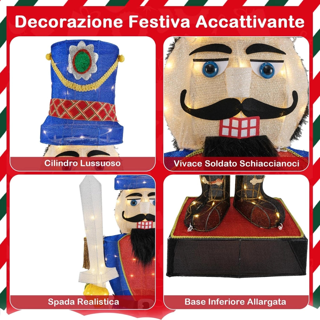 Soldato di Natale Illuminato 184 cm, Soldatino Schiaccianoci Illuminato con 110 Luci LED, Fascette e Base, Decorazioni Natalizie per Interno ed Esterno (2 Pezzi)