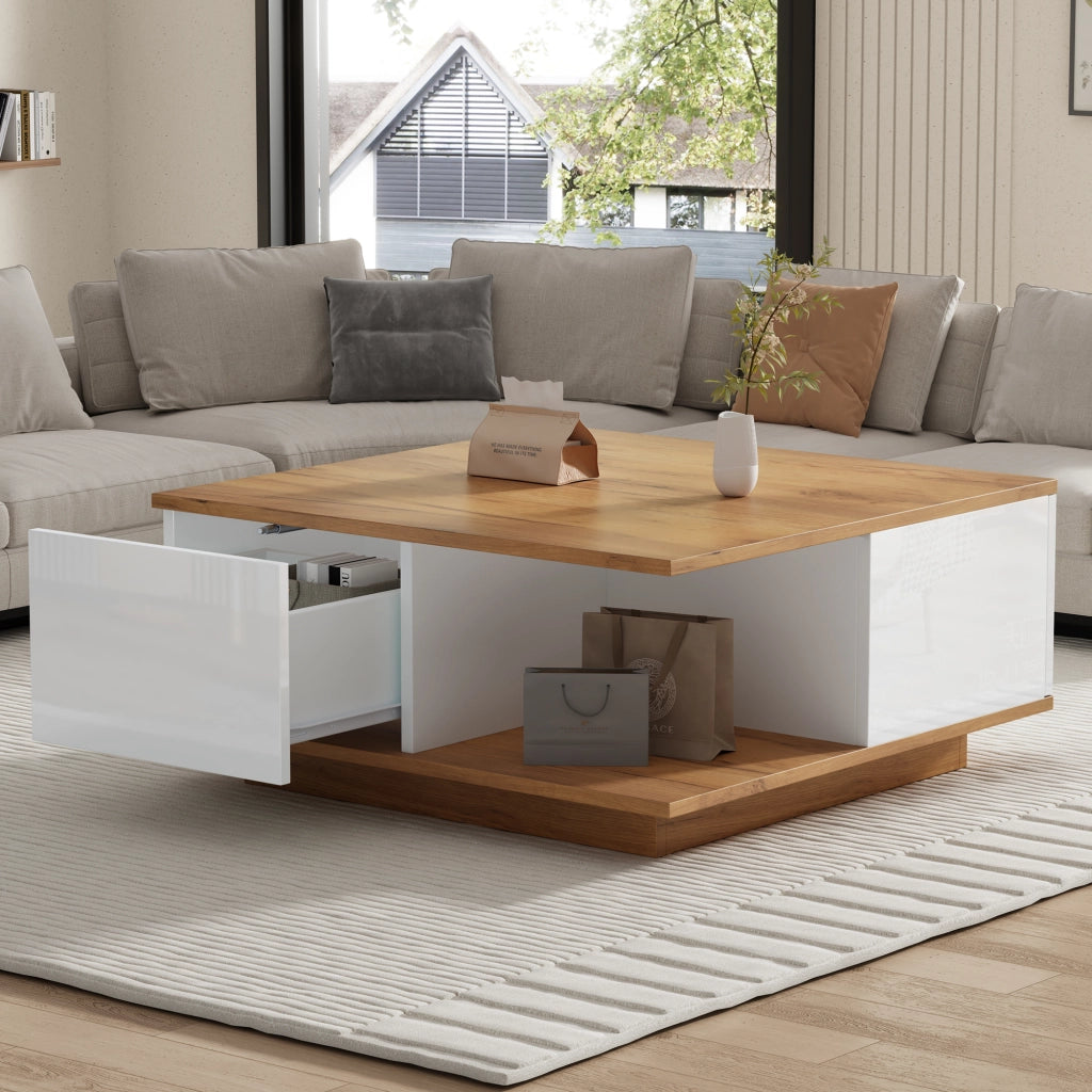 TAVOLO da caffè 70 x 70 x 31,5 cm Bianco e legno con 3 cassetti