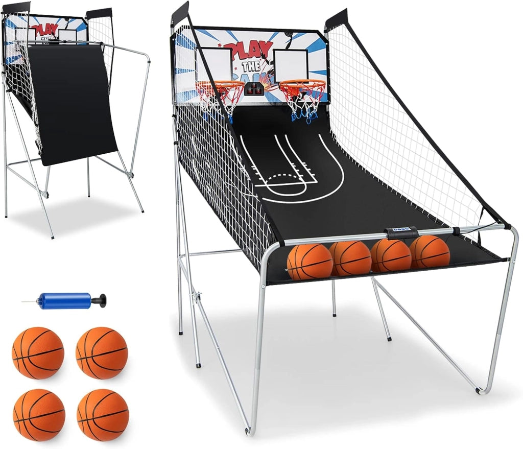 Macchina da Pallacanestro Elettronica, Canestro Basket da Camera a Doppio Tiro Pieghevole con Punteggio Elettronico, 4 Palle, 8 Modalità di Gioco e 2 Canestri (Bianco)