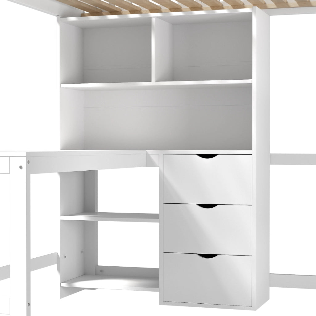OKWISH Letto a soppalco 140×200 cm, Letto matrimoniale con Scrivania, 3 Cassetti, Mensole e Scala, senza Materasso, in Pino, Bianco