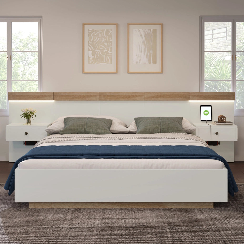 Letto Matrimoniale 140x200 cm - 2 Comodini LED; USB e Type-C - in Legno - Bianco Rovere