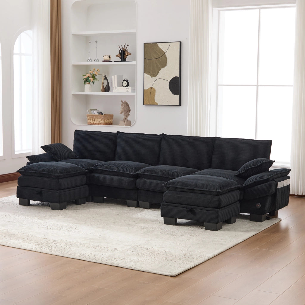 Divano 4 Posti con 2 Poggiapiedi in Tessuto a Coste ¨C MINIMAL ¨C Nero, Braccioli, Cuscini