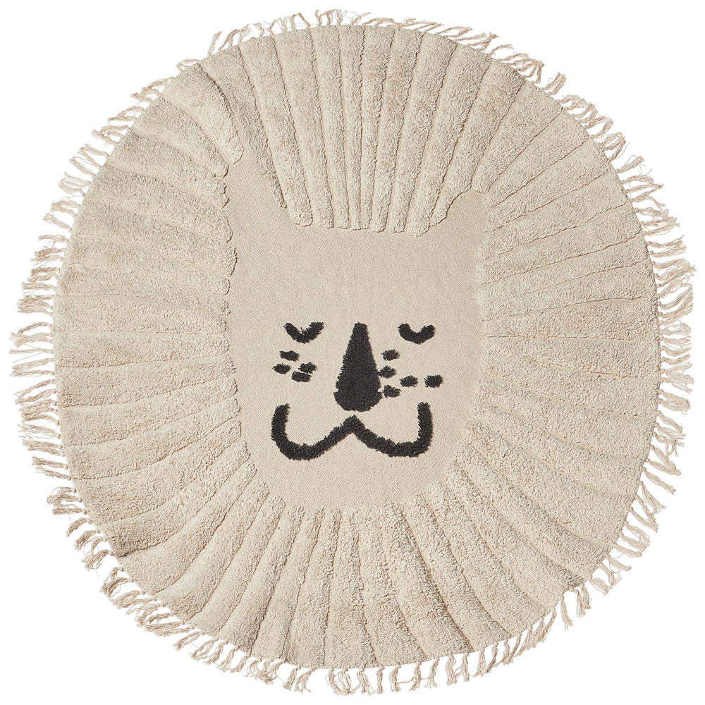 Tappeto Beige Cotone ø 140 cm Rotondo Decorativo Nappe Stampa Leone Stile Boho Soggiorno Bambini Stanza dei bambini