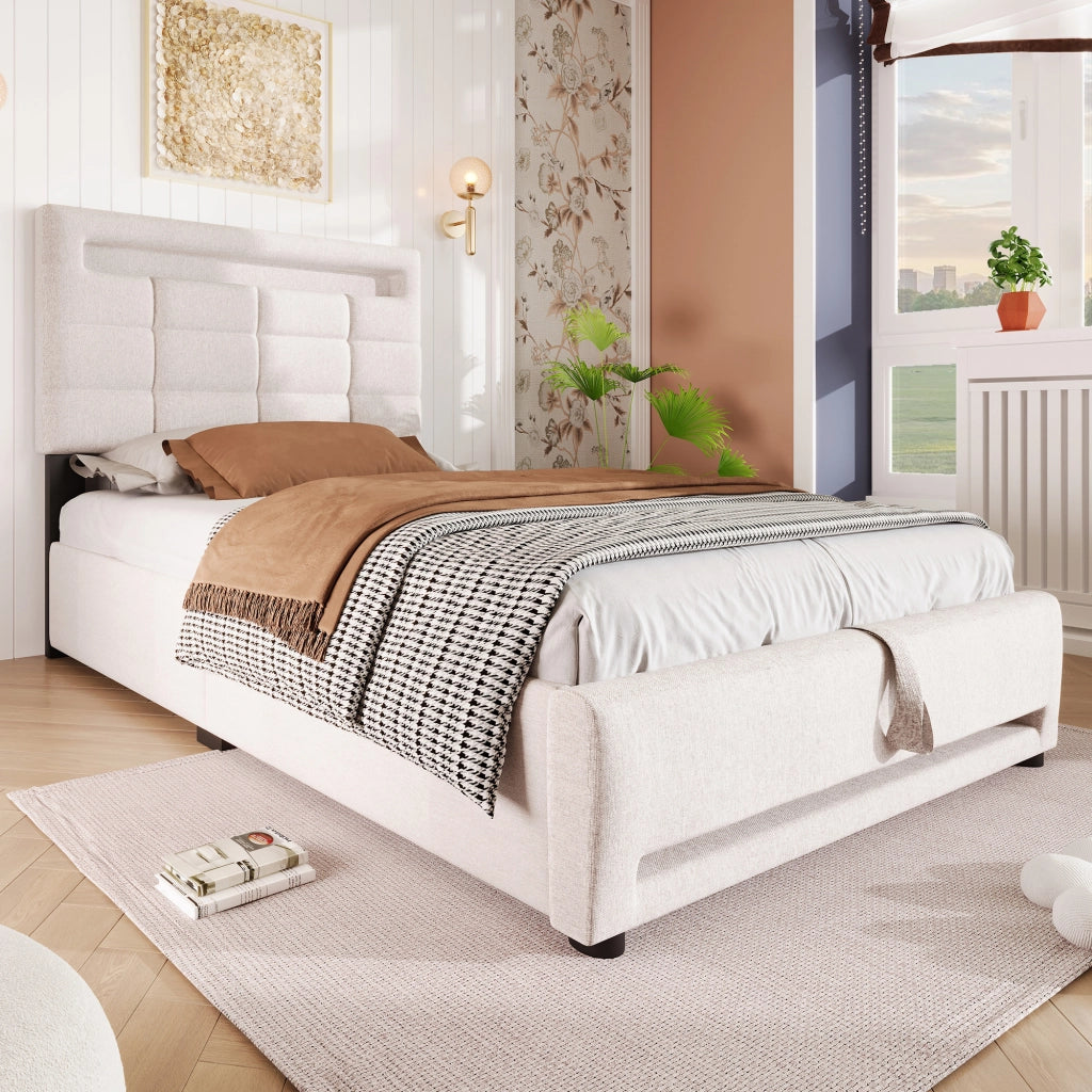letto imbottito lino beige 90 x 200 cm