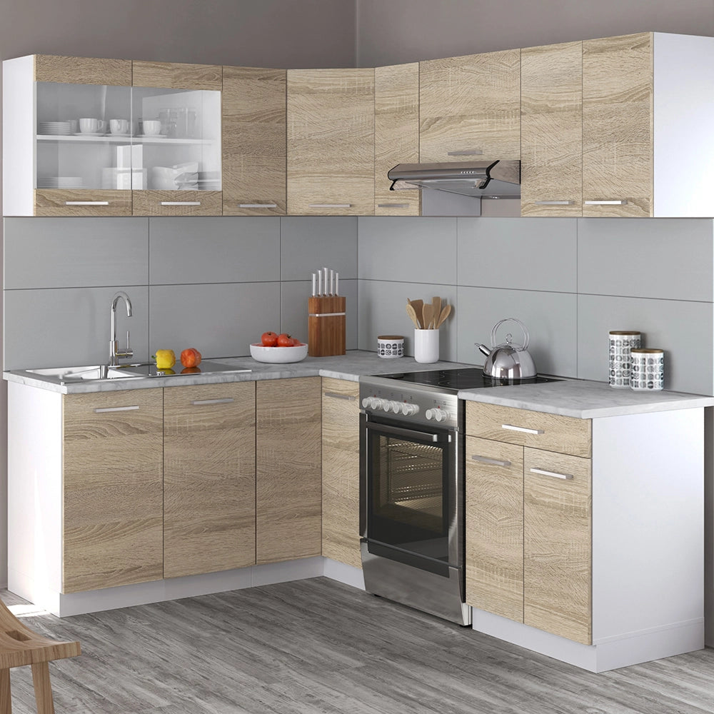 Cucina ad angolo Rick Sonoma/Bianco 207 x 167 cm, PL Marmo con striscia LED Vicco