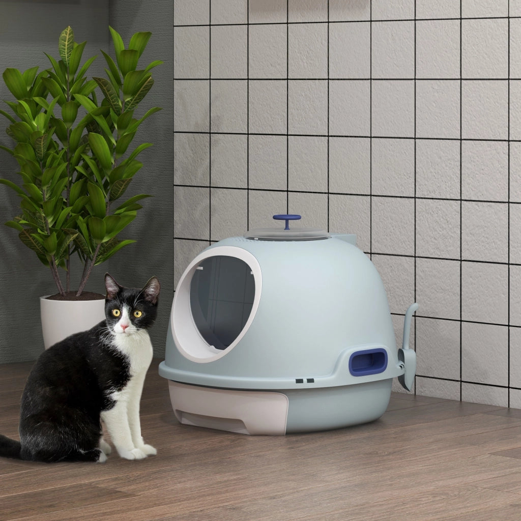 Casetta per gatti con cassetto scorrevole e porta battente ¨C Minimal ¨C Blu 47x55x44 cm