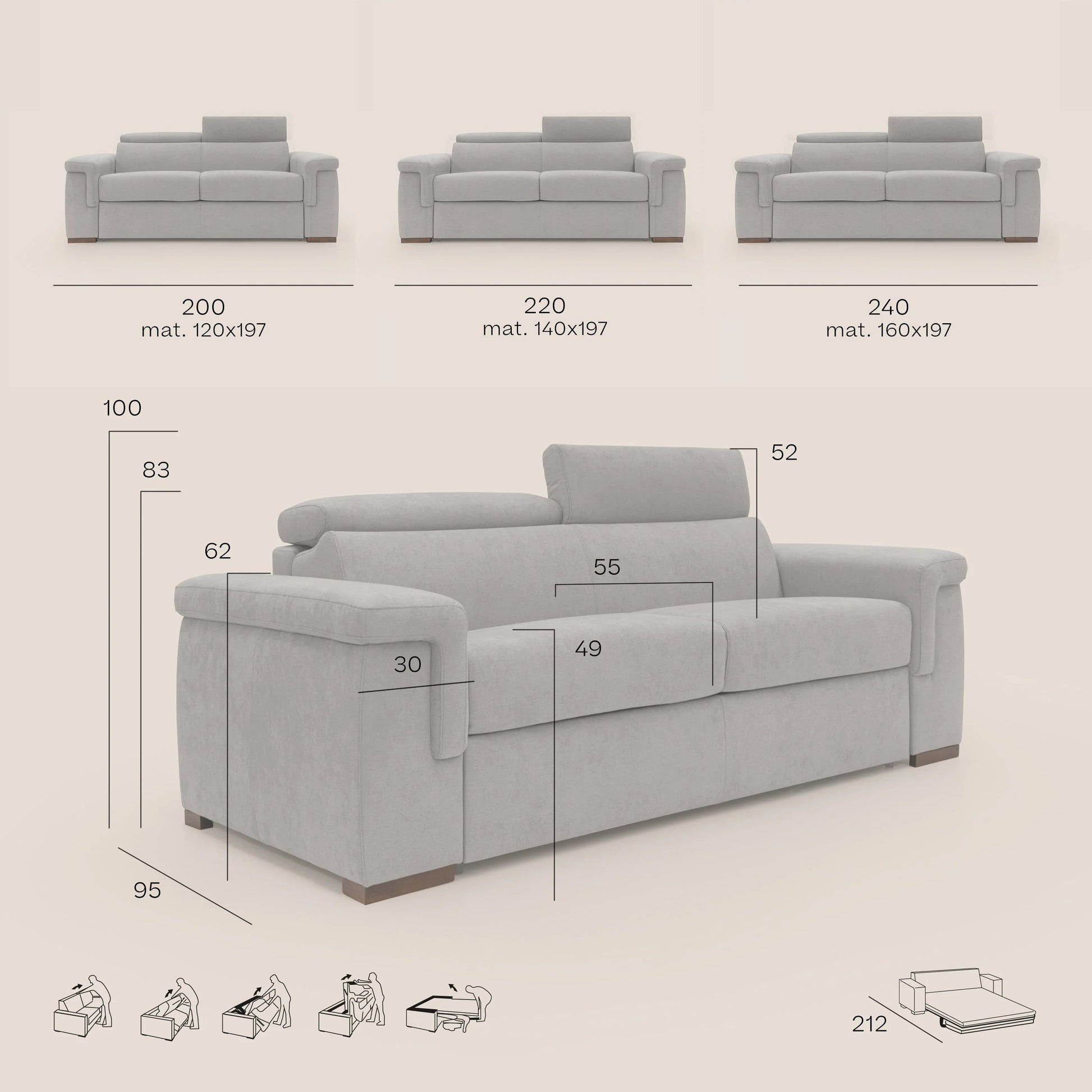 Divano Letto 3 Posti 200x100x95 cm in Tessuto Marrone
