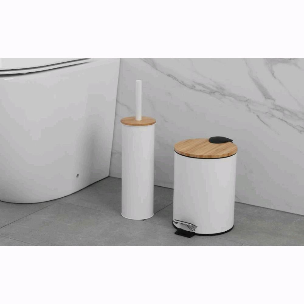 Pattumiera 3 Litri per Bagno in Acciaio Colore Bianco Opaco e Bambù per WC