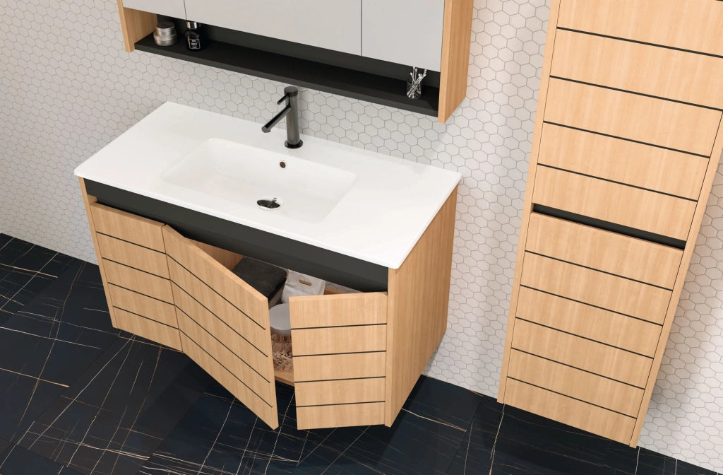 Set mobile lavabo con specchio (2 pezzi) "Ricato 100" -  cm - Rovere