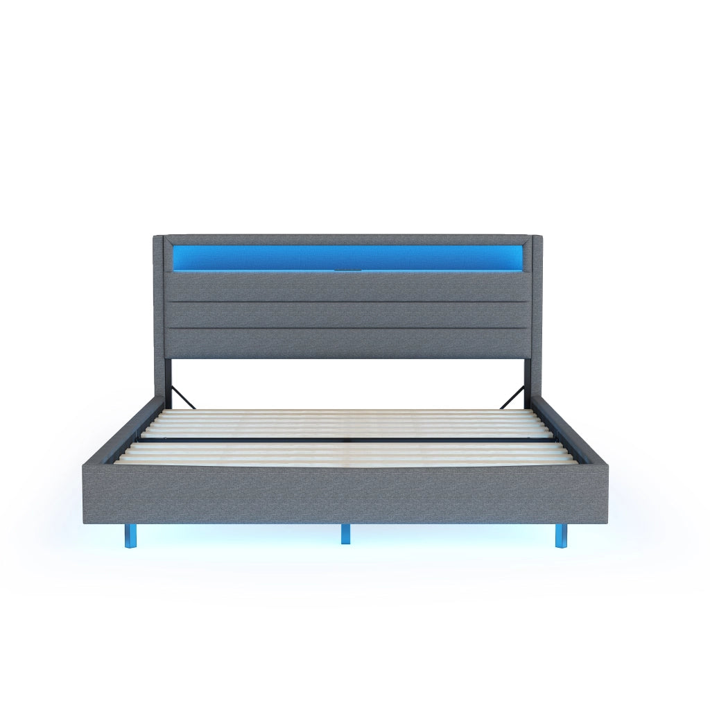 Letto Imbottito Matrimoniale con LED e USB ¨C MINIMAL ¨C Tessuto Grigio 160x200