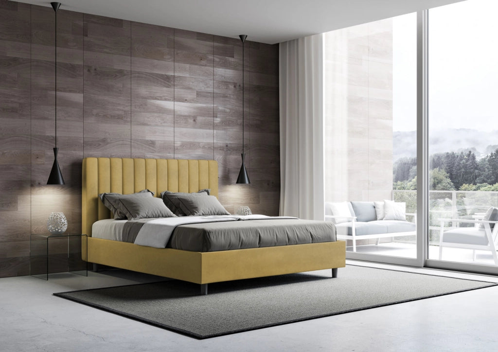 BS COM Letto matrimoniale king size senza rete imbottito 170x200 microfibra ocra