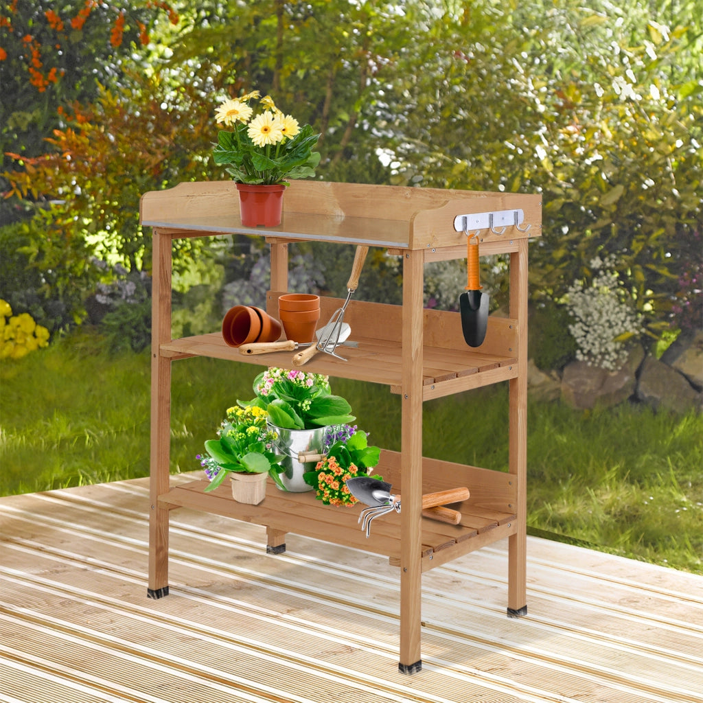 Tavolo da giardinaggio con ripiani e ganci ¨C Minimal ¨C Legno abete olio pretrattato, piano in acciaio zincato 80x40x80 cm