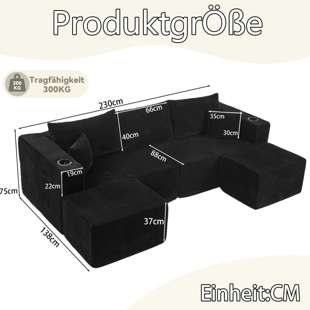 Divano angolare modulare 3 posti con 2 pouf mobili; portabicchieri e tasche laterali; nero