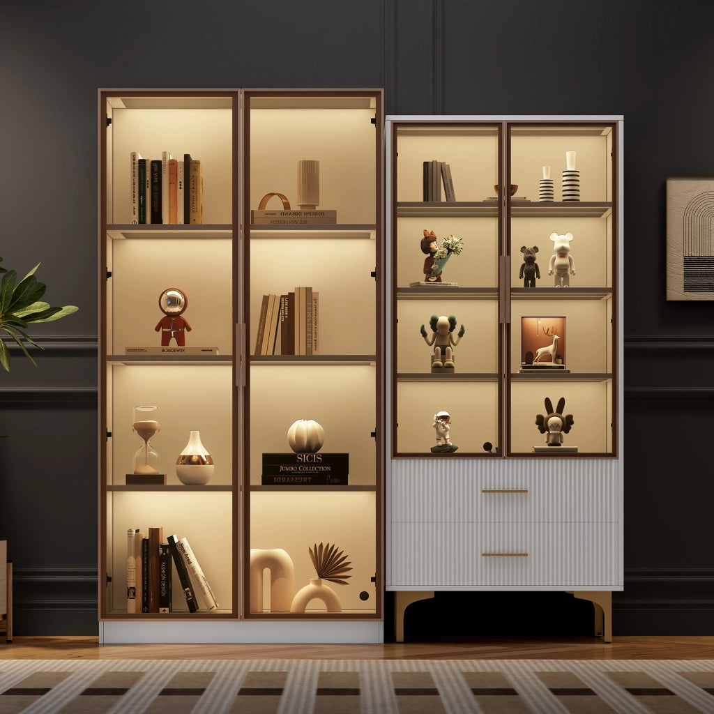 OKWISH Set da 2 Vetrine da Soggiorno con Ante Doppie, Ripiani Regolabili, LED e Cassetti, in Pannello Truciolare Bianco