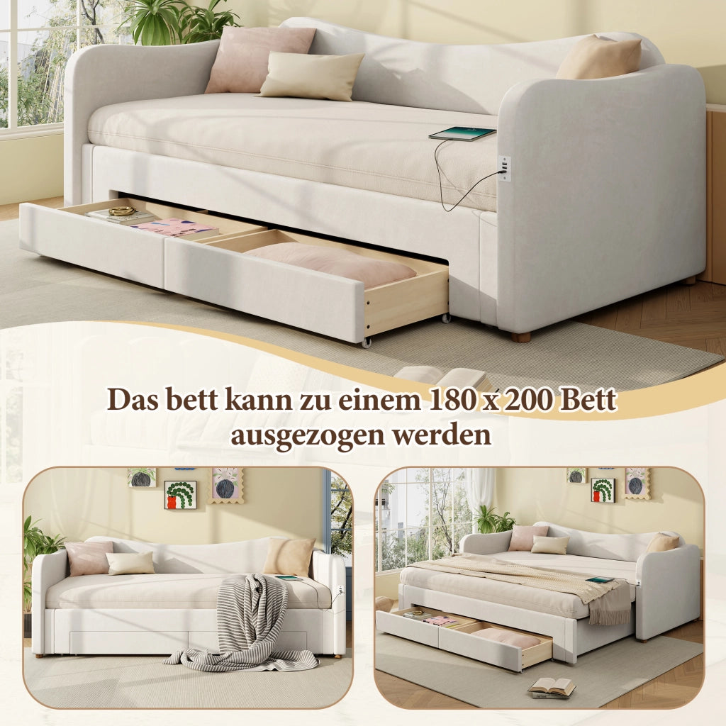 Letto Imbottito Contenitore con 2 Cassetti e USB ¨C MINIMAL ¨C Velluto Beige 90x200 cm