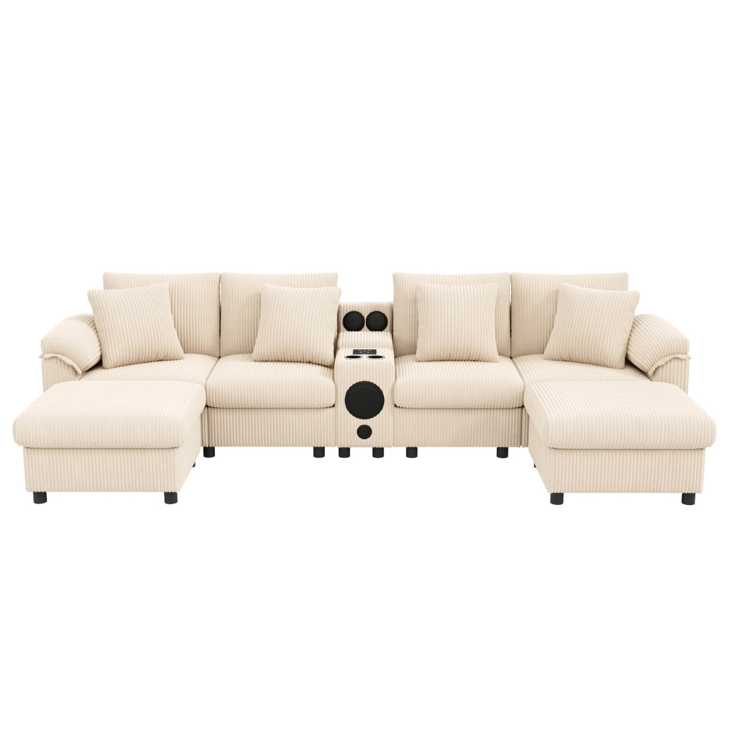 Divano modulare a U e L in velluto a coste beige 315;5 x 144 x 84;5 cm con console Bluetooth