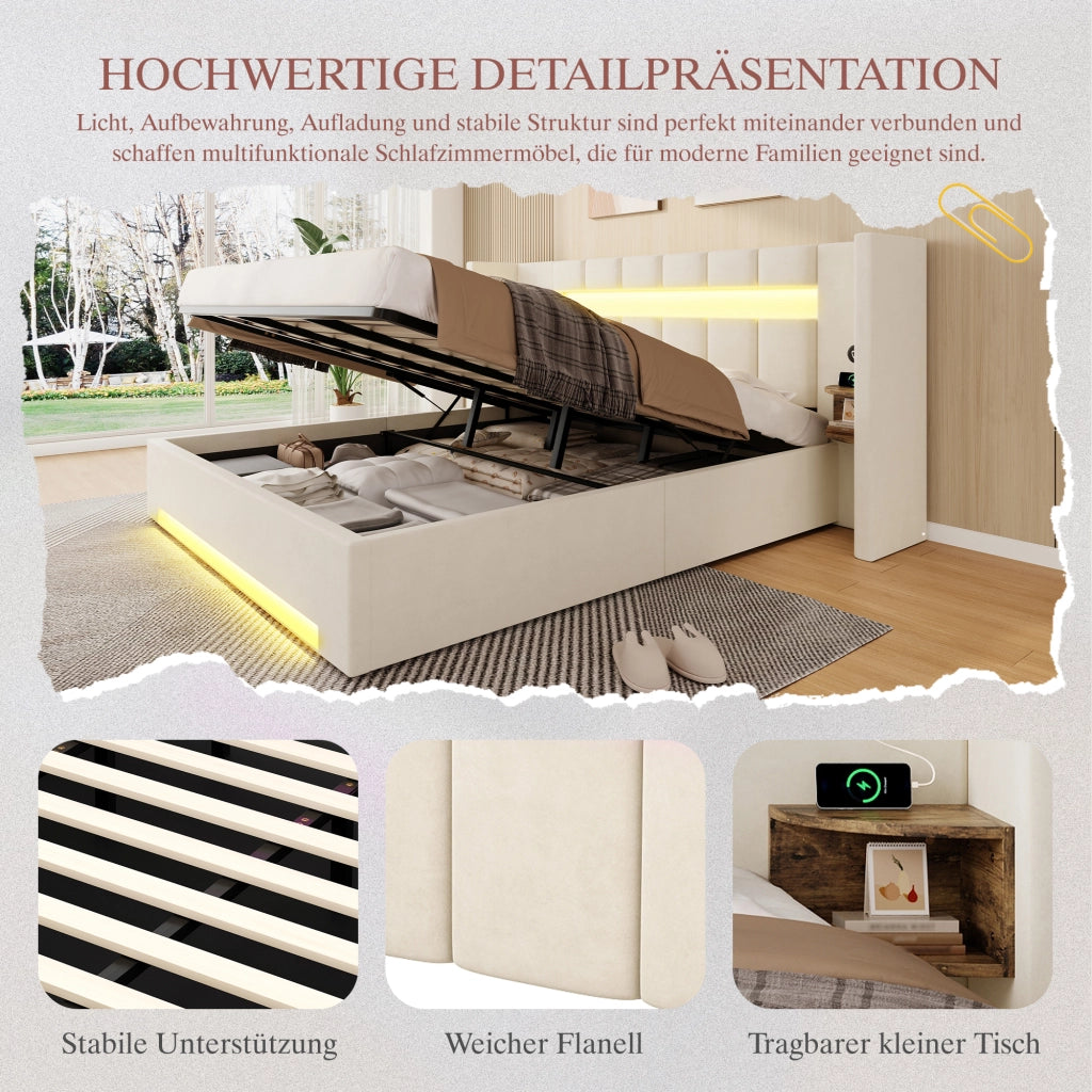 LETTO Contenitore 180x200 cm in velluto beige con LED, USB e cassetti laterali