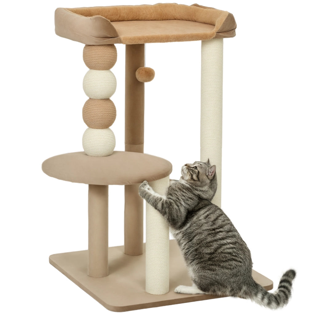 Tiragraffi per gatti con 2 piani, palla giocattolo, tronchi e palle ¨C Minimal ¨C marrone, 56x54x86 cm