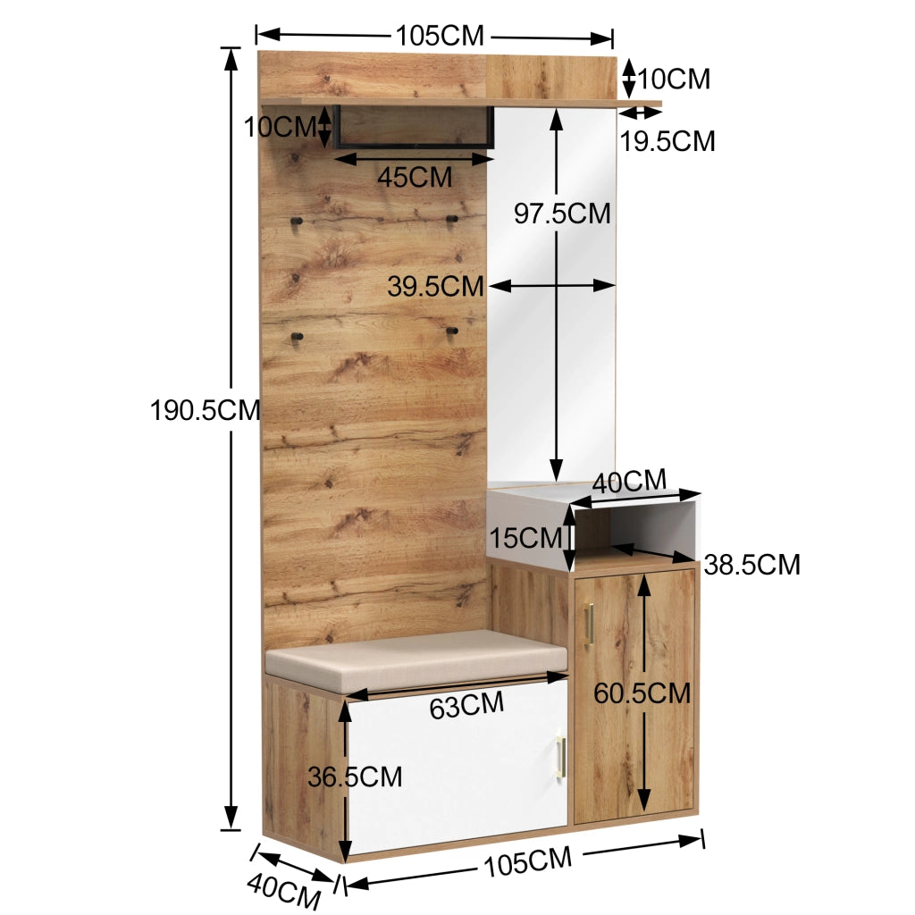 Set Ingresso con Specchio, Scarpiera, Appendiabiti, Panca e Ganci ¨C MINIMAL ¨C Bianco/Legno