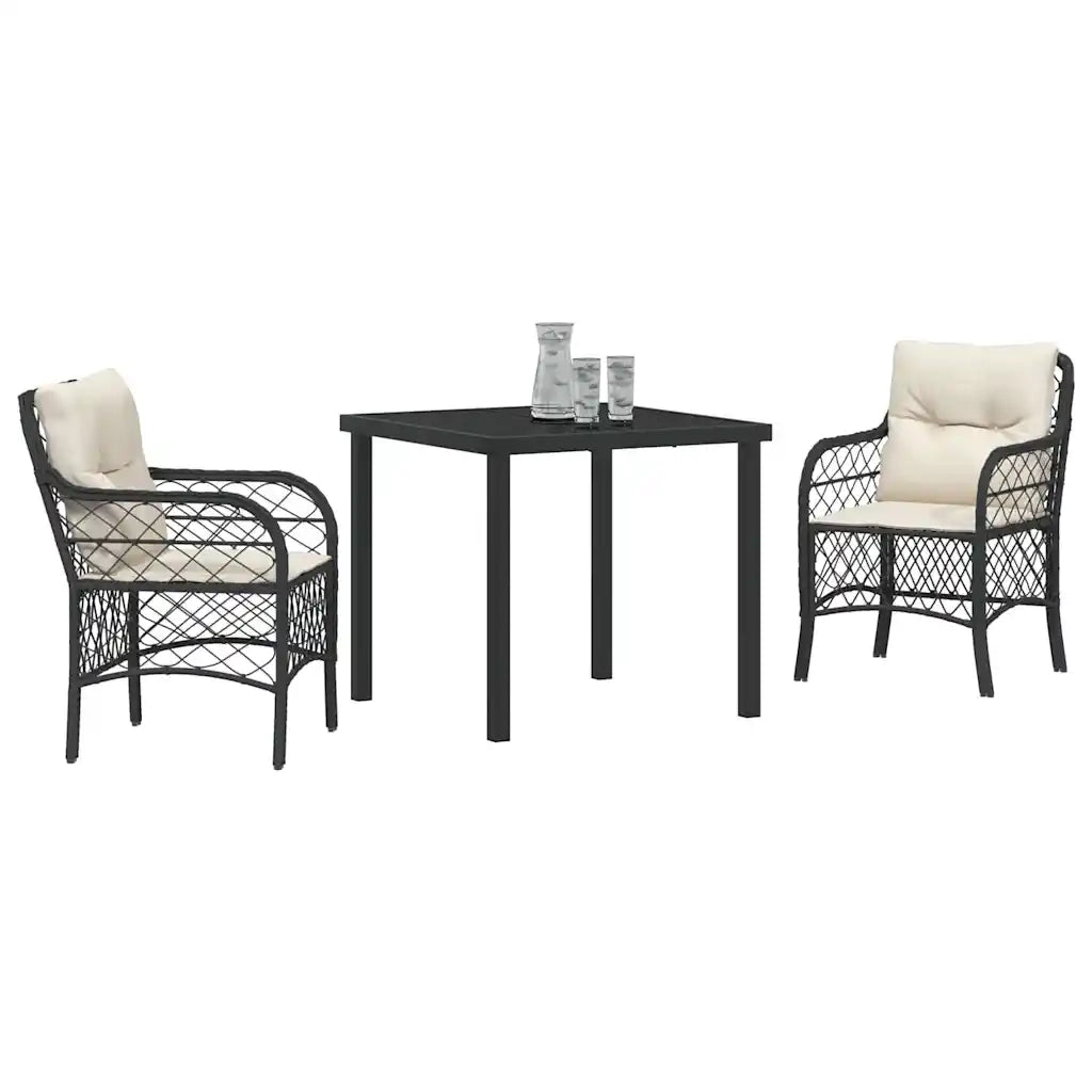 Set da Pranzo per Giardino con cuscino 3 pcs Nero polyrattan