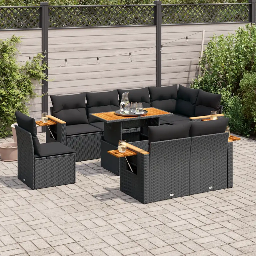Set Divani da Giardino 9 pz con Cuscini Nero Polyrattan Acacia 3327611