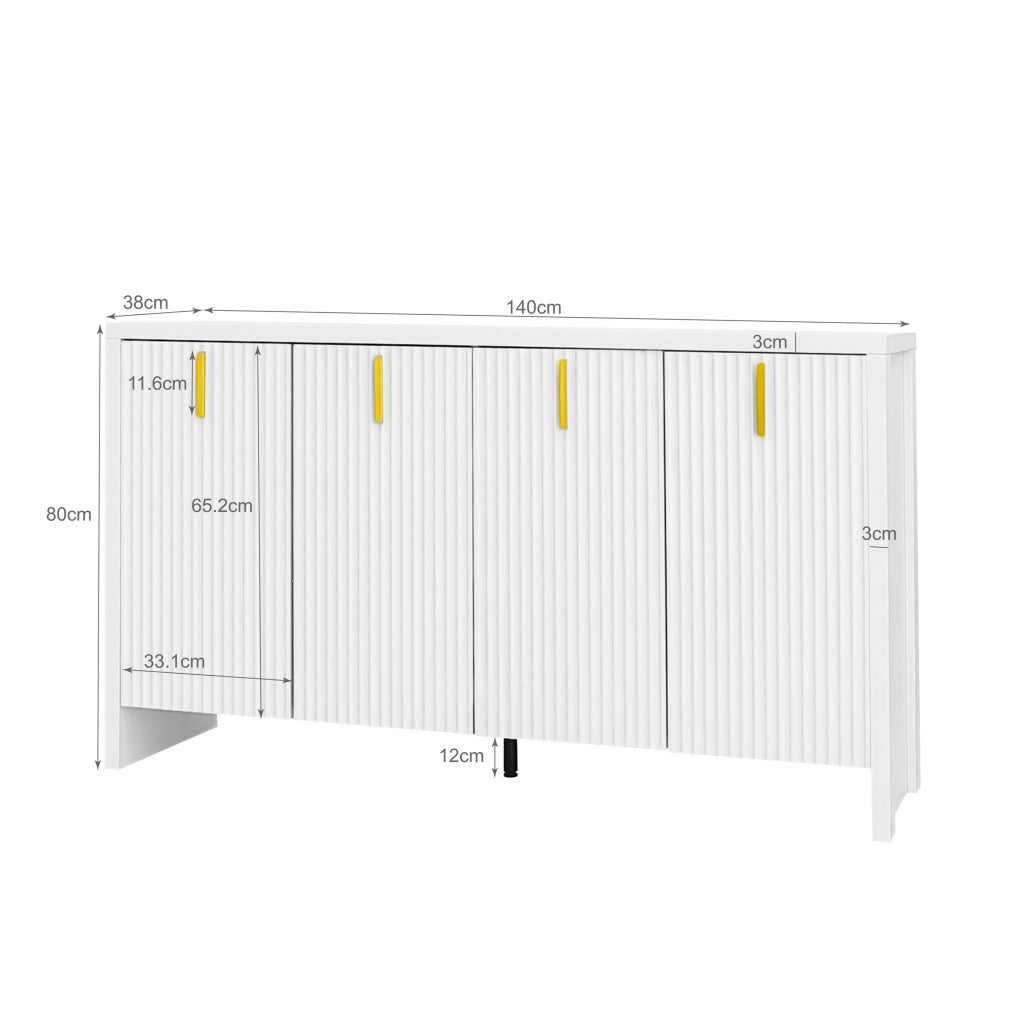 OKWISH Credenza con 4 Ante e Ripiani Regolabili, per Soggiorno o Sala da Pranzo, Pannelli di Particelle, Bianco 140 × 38 × 80 cm