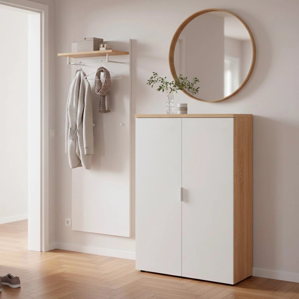 Armadio Armadietto Multiuso A Due Ante Con Ripiani Regolabili Mobile Salvaspazio In Melaminico Per Casa Ufficio E Lavanderia Ingresso 80 X 119 X 33 Cm Bianco Opaco E Rovere