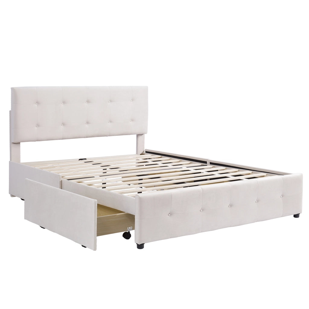 Letto matrimoniale imbottito; 140x200cm; cassetti Testiera Pelle Friendly; Beige