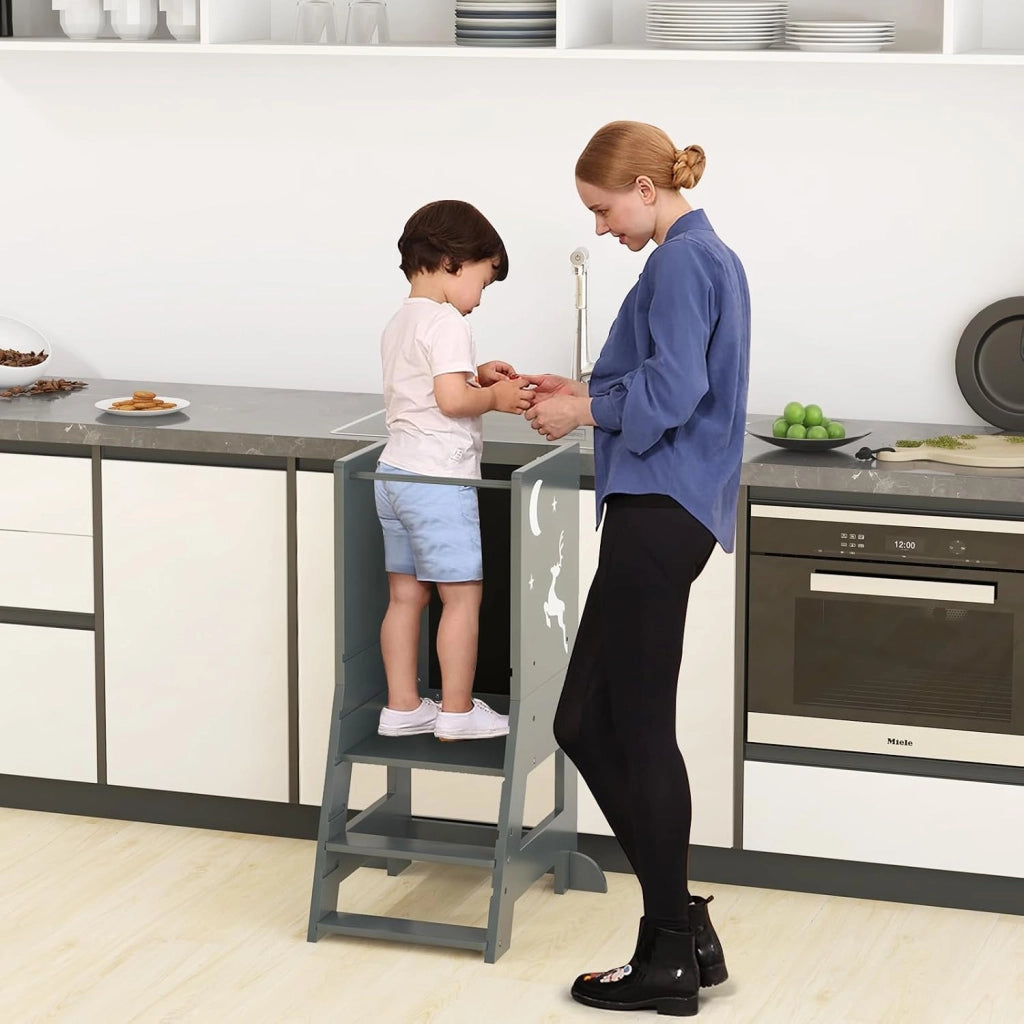 Torre per Bambini 2 in 1, Sgabello da Cucina per Bambini con 3 Penne, Lavagna Bianca e Nera, Piattaforma e Gradino Regolabili, per Bambini da 1 a 7 Anni, Capacità di Carico 70 kg (Grigio)