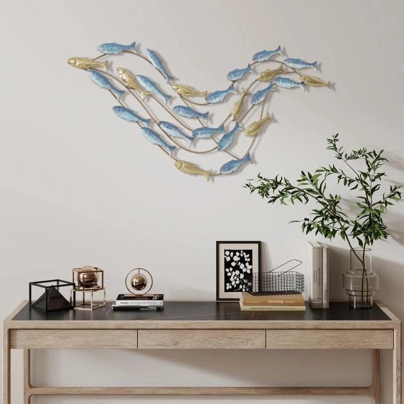 WALL ART BANCO DI PESCI IN METALLO CON VITI INCLUSE, 99.7X3.8X50.2 CM, ORO E BLU