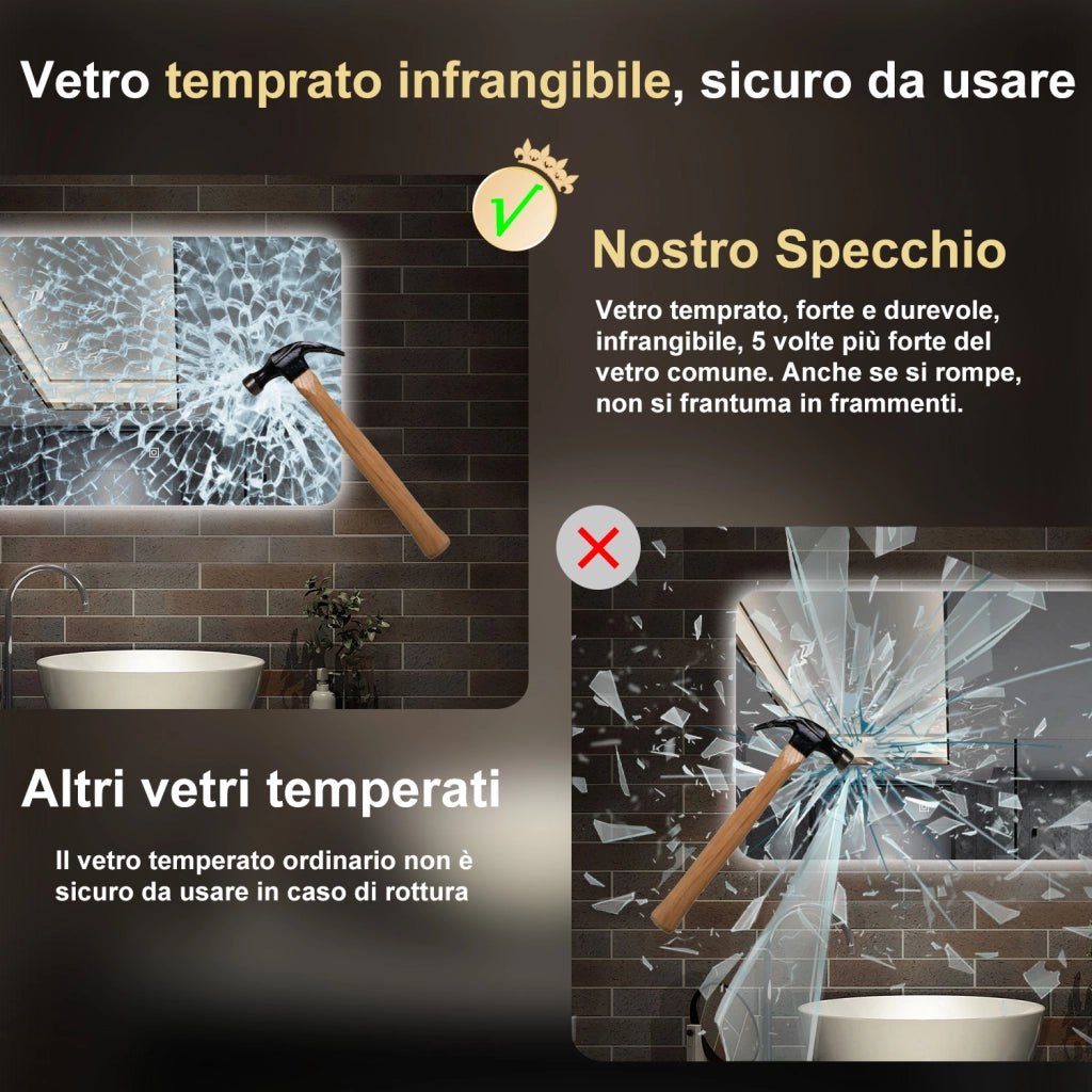 specchio 70 x 50 cm rettangolare con luce led e touch