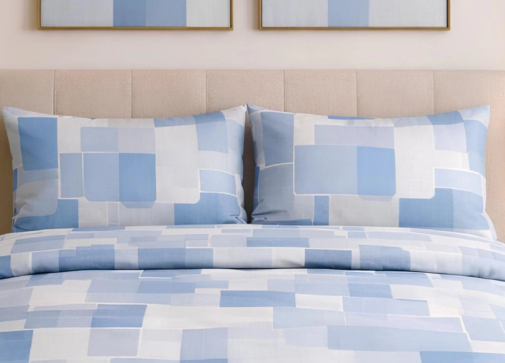 Completo Lenzuola Letto In 100% Cotone Made Italy Disegno Brick - Piazza E Mezza - Azzurro