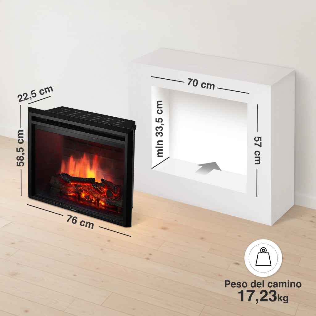KAMINIO Camino elettrico LUCA - Camino elettrico a incasso con riscaldamento, effetto fiamma 3D, 12 colori di fiamma, telecomando - 30 pollici