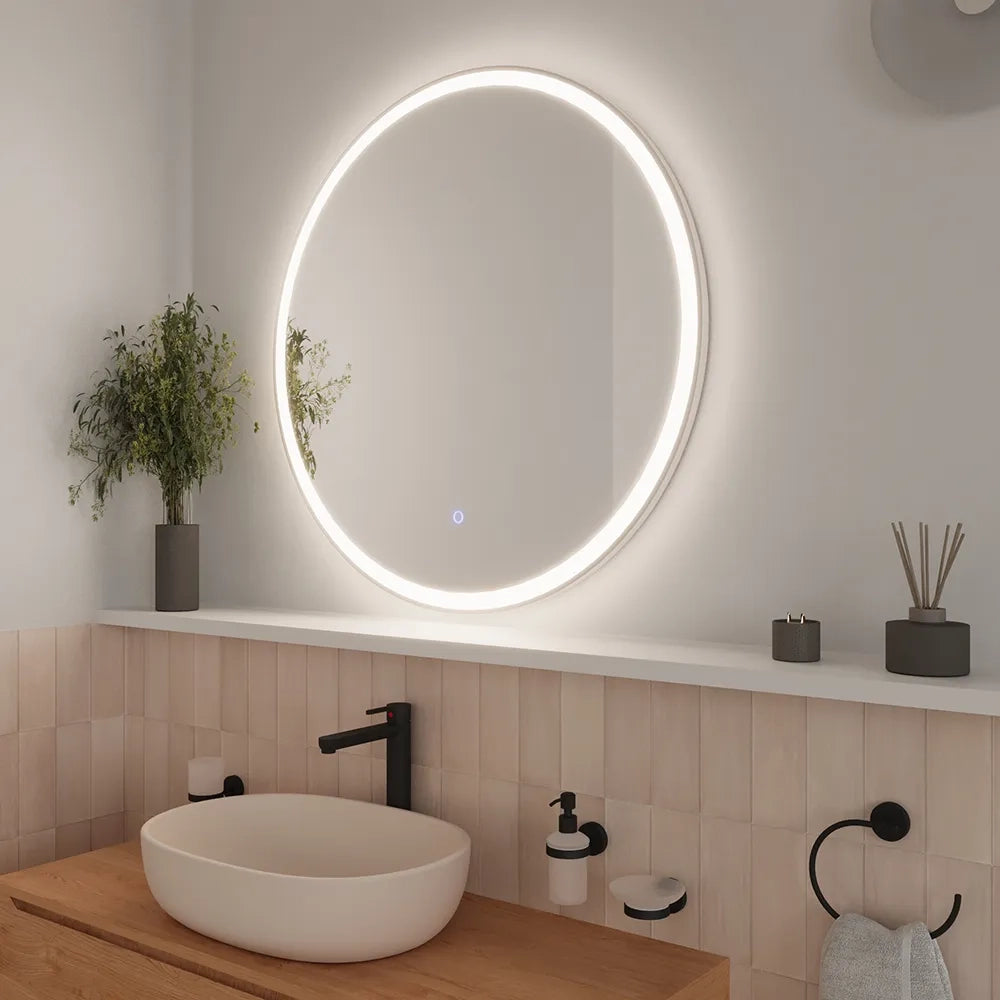 Specchio led tondo Ø 100 cm cornice bianco opaco touch screen luce calda/fredda