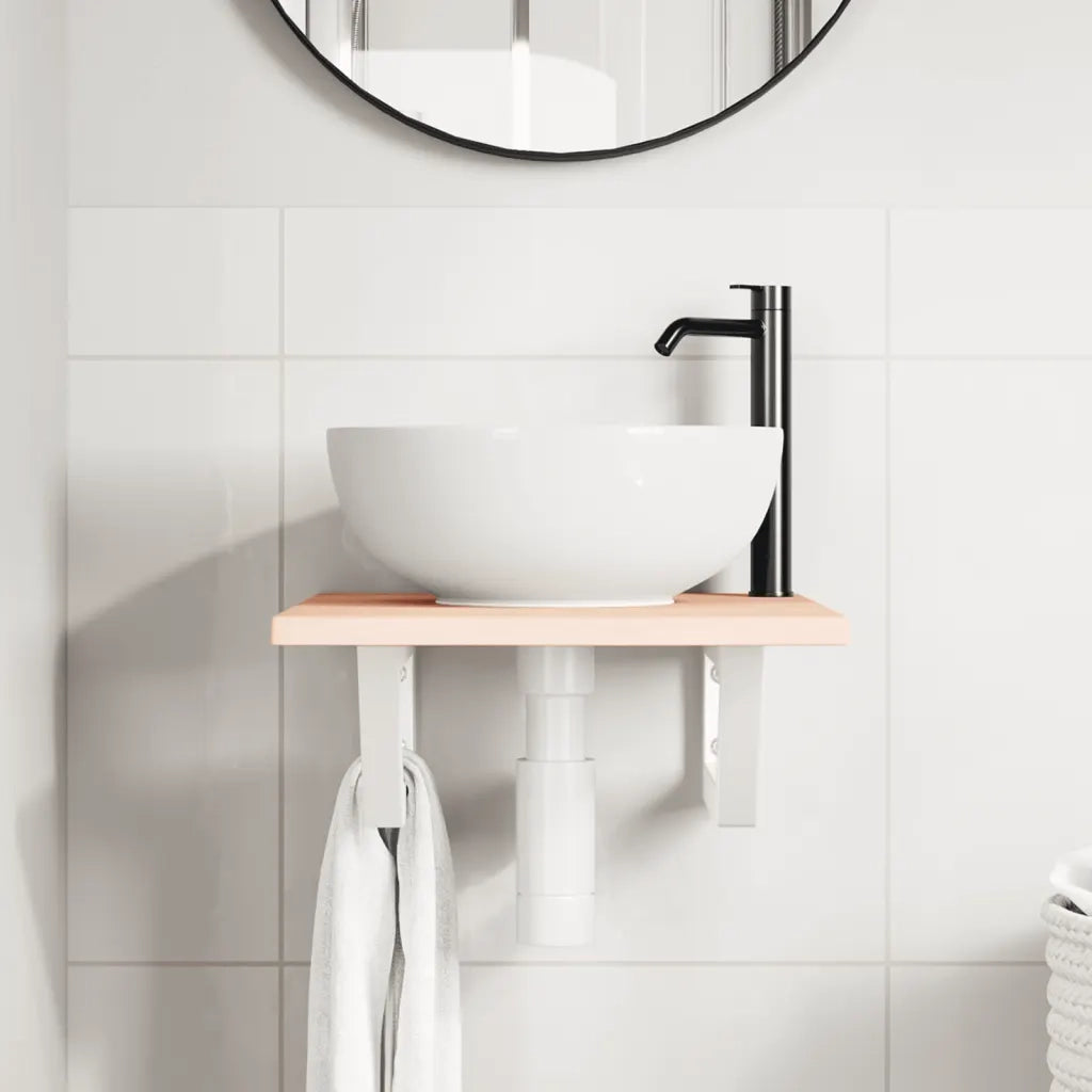 Ripiano a Parete per Lavabo in Acciaio e Massello di Rovere 3302534