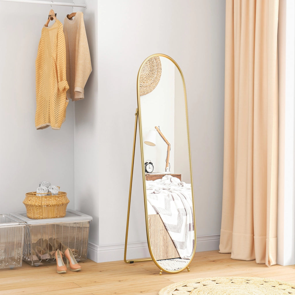 Specchio da Terra Ovale con Supporto ¨C Minimal ¨C Vetro Metallo Oro 40x41x159