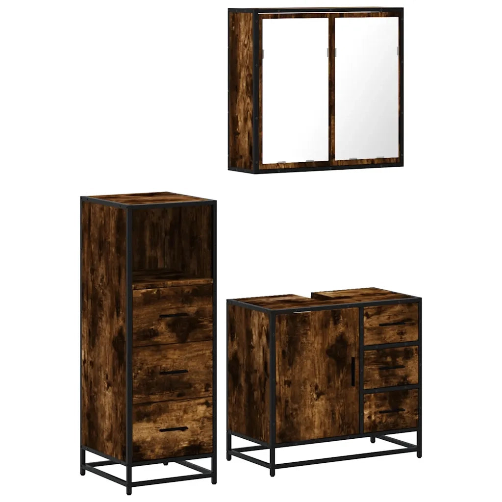 Set Mobili da Bagno | Armadio da bagno 3 pz Rovere Fumo in Legno Multistrato