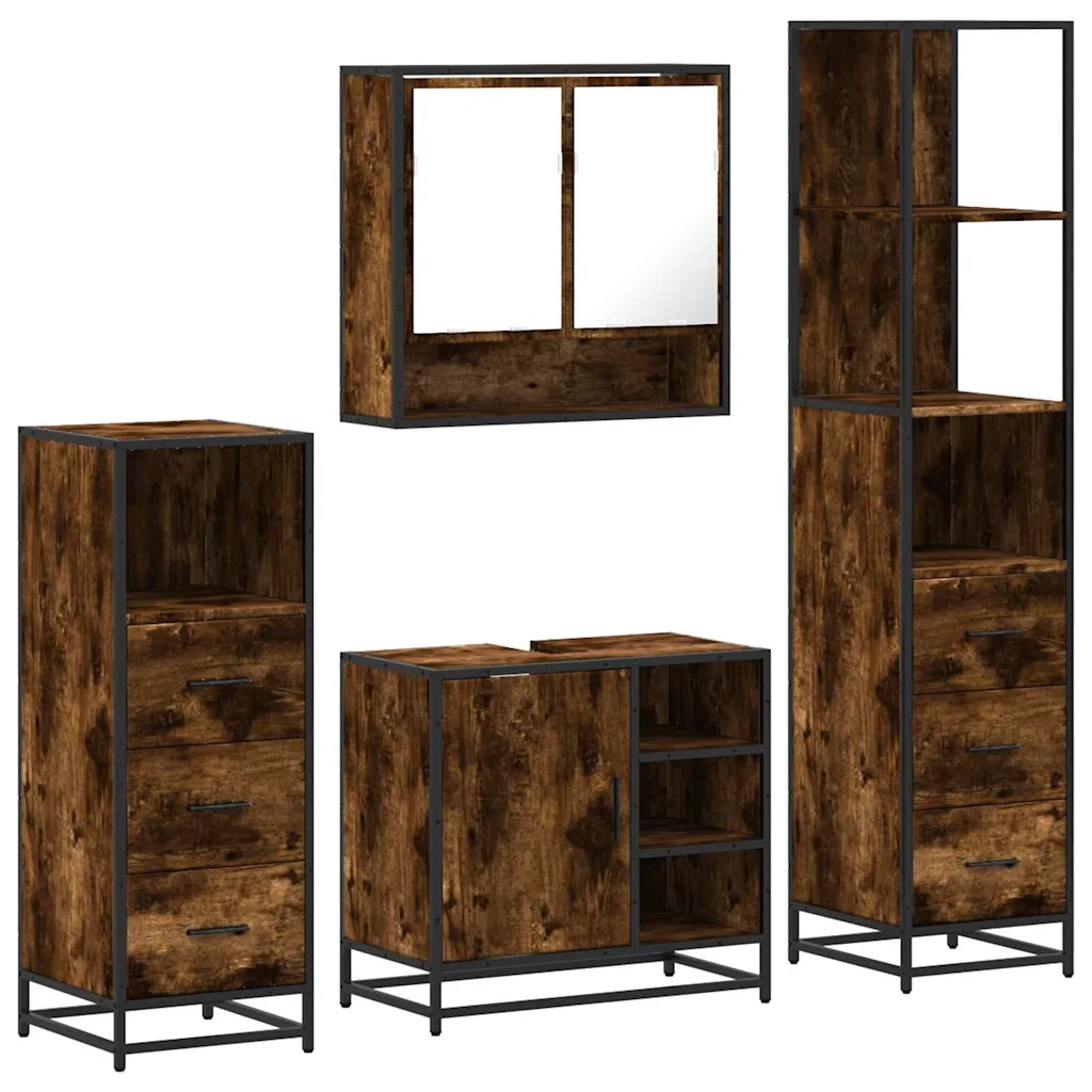 Set Mobili da Bagno | Armadio da bagno 4 pz Rovere Fumo in Legno Multistrato