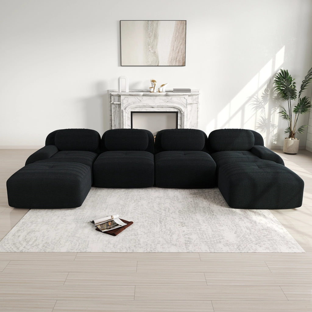 Divano Modulare U a Posti ¨C MINIMAL ¨C Nero, Tessuto Cordato, Braccioli Larghi