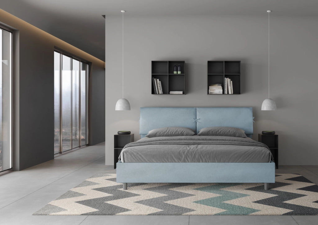 BS COM Letto matrimoniale king size senza rete imbottito 180x200 microfibra azzurro