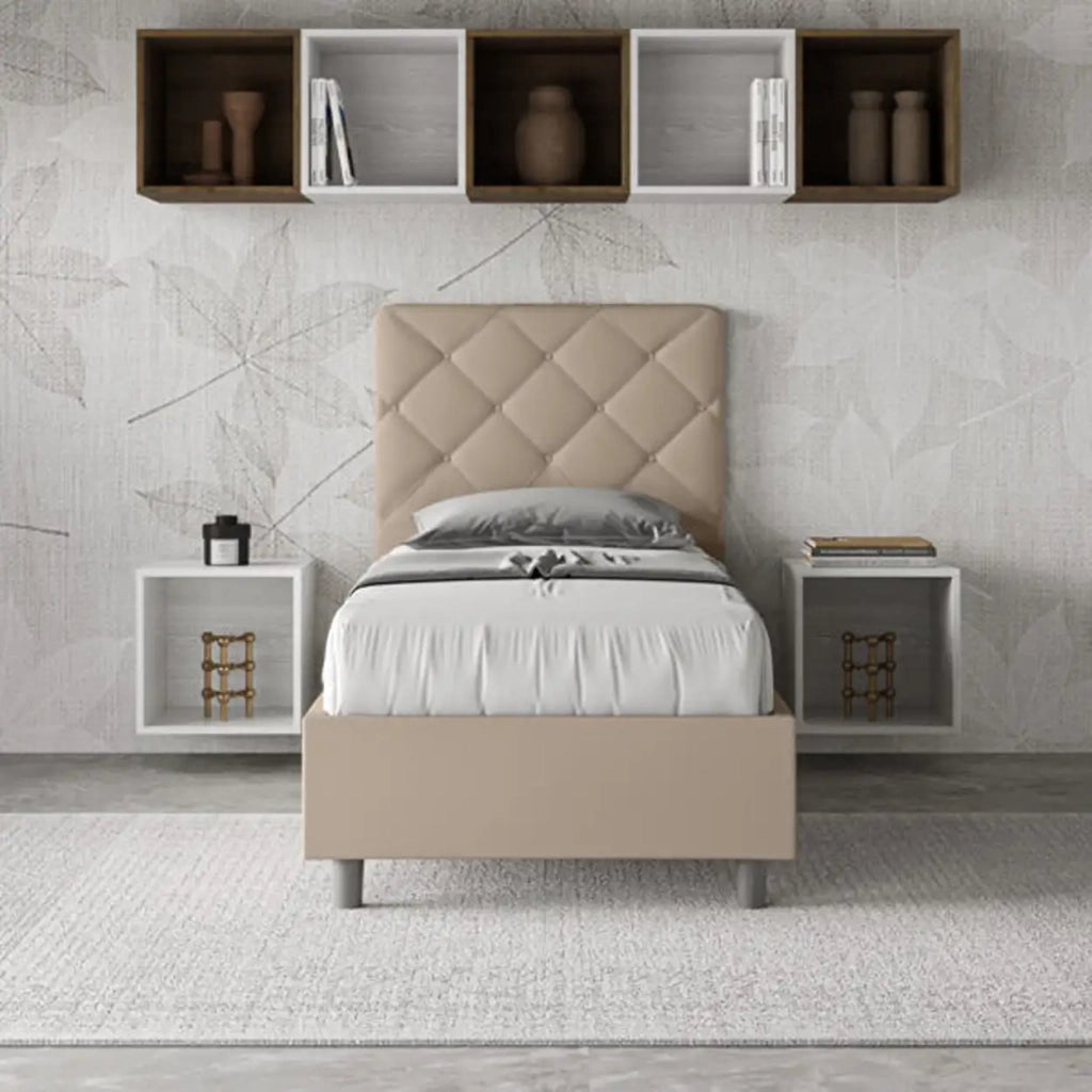 Letto singolo senza rete imbottito 90x190 similpelle tortora Priya