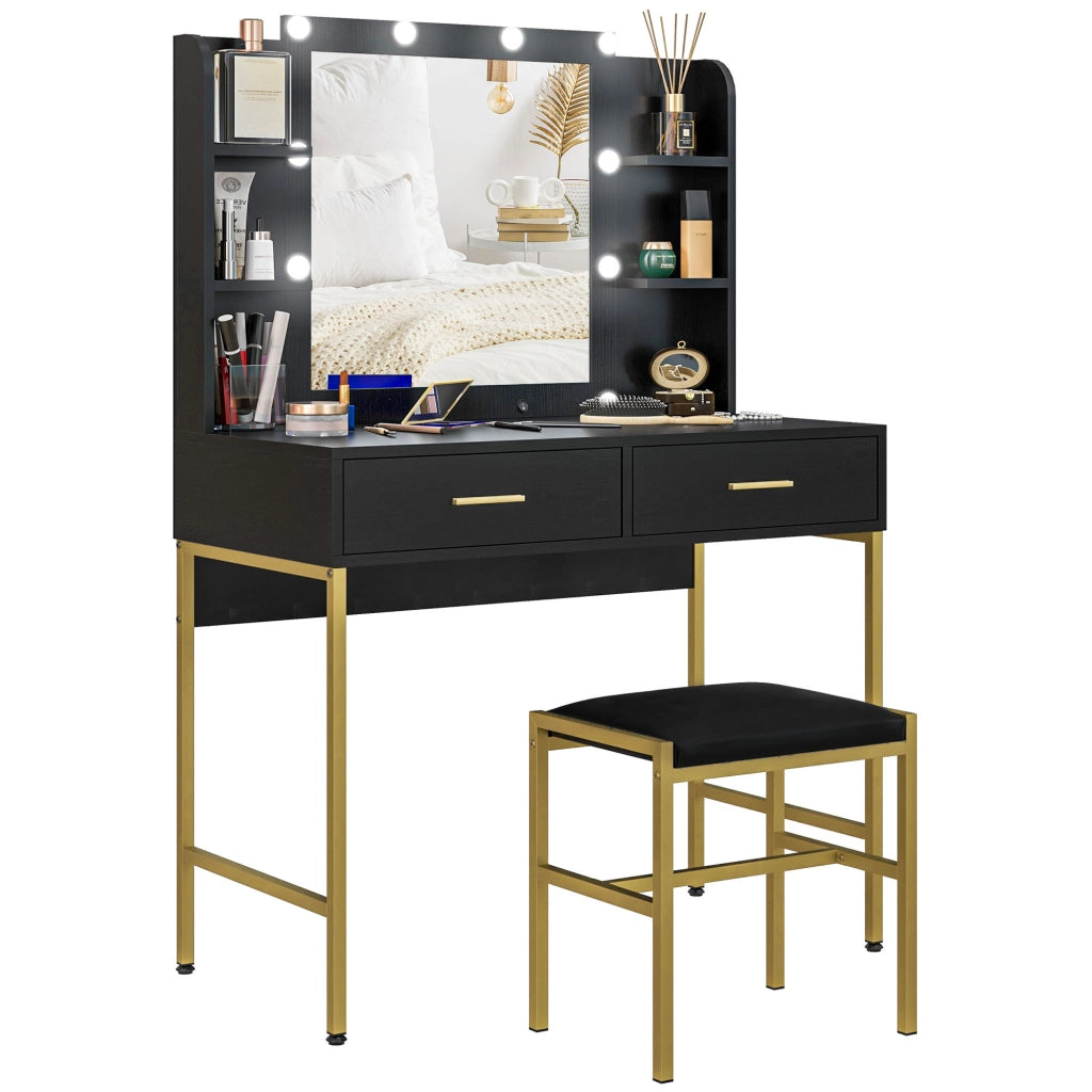 Toeletta Trucco con Specchio 10 Lampadine e Sgabello Imbottito, con 2 Cassetti e Ripiani ¨C Minimal ¨C Nero